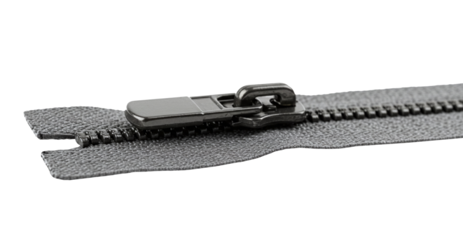 Close up of a Black fabric zipper with metal slider and teeth isolated on a transparent background