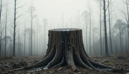 A large burned tree stump with charred roots stands in a foggy forest devastated by fire.