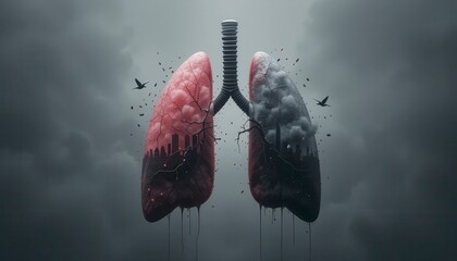 A split lung illustration showing a healthy red lung and a polluted black lung with urban smog, symbolizing air pollution and its harmful impact on respiratory health.