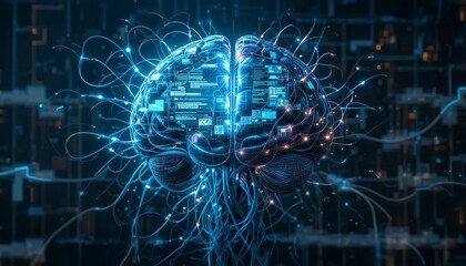 Fototapeta premium A digital representation of a brain with glowing neural connections and data streams symbolizing artificial intelligence and futuristic technology.