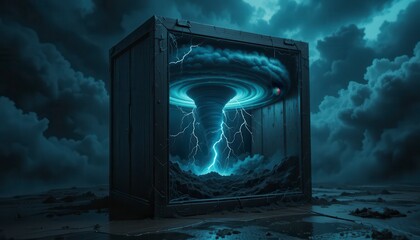 A stormy tornado with lightning is captured inside a futuristic glass cube, surrounded by dark clouds and a moody, ominous atmosphere.