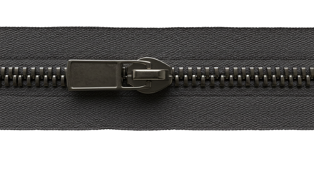 Close up of a dark metal zipper on black fabric isolated on a transparent background. Black metal zipper with textile strip close-up.