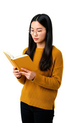 Asian woman in glasses reads a book, showing a focused and relaxed expression.