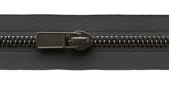 Close up of a dark metal zipper on black fabric isolated on a transparent background. Black metal zipper with textile strip close-up.