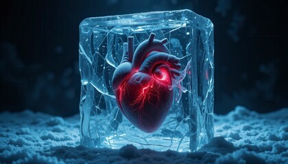A glowing, anatomically detailed human heart is encased in a block of ice with visible veins and lightning-like red energy inside.