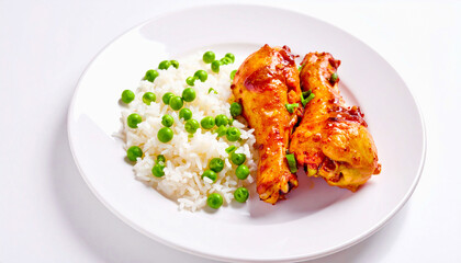 Barbeque chicken and rice and peas. AI