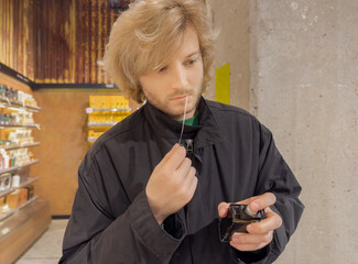 Fototapeta premium Man buying make up at cosmetics section in store. choosing cosmetics, perfumes, creams and shampoos, Using tester.