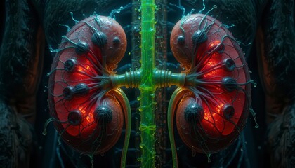 A vivid, futuristic depiction of kidneys connected to an intricate network of glowing neural or vascular pathways.