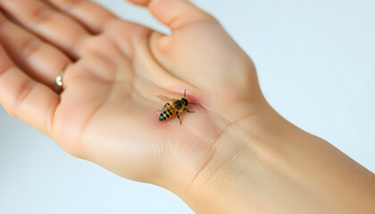 Obraz premium Close-up of a bee sitting on a person's hand with a light background