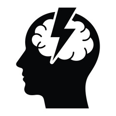 Mind and lightning bolt (mental burnout), Mental Health and Self Care. Black and white illustration of a head with an energetic brain.