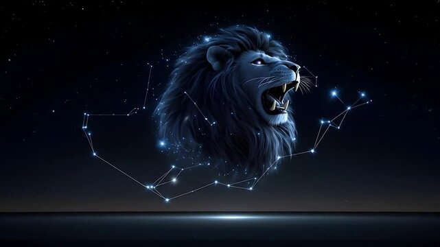 Majestic lion head, glowing constellation, dark night sky.  A digital illustration shows a lion's head, highlighted by soft, celestial blue light, against a backdrop of a starry night sky. 