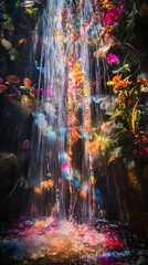 Colorful light stream surrounded by foliage creates a vibrant and magical atmosphere.