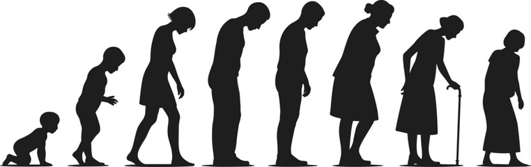 Evolution of Human Life Stages from Childhood to Old Age, Silhouette Series Depicting Growth, Aging, Development, and Physical Changes in Human Beings Over Time, Isolated on White
