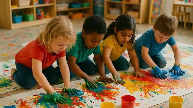 Kindergarten Children Finger Painting Together in a Bright and Creative Classroom

