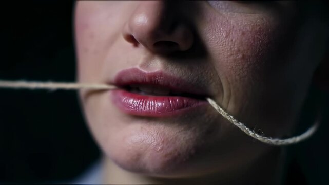 Closeup sequence of person biting rope in dramatic low light setting