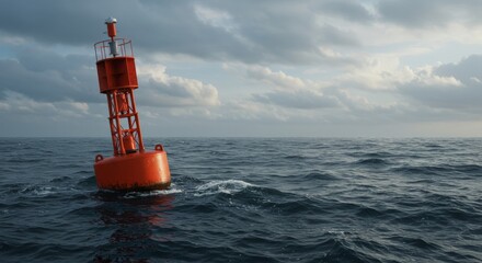A bright orange buoy floats alone on the water