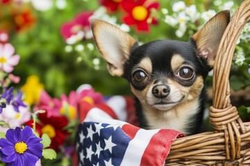 Adorable chihuahua in wicker basket with bright flowers and american flag