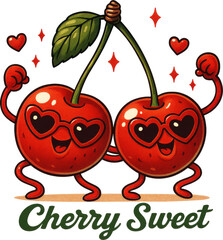 Playful cartoon cherries with heart glasses and "Cherry Sweet" text—great for Valentine's apparel, summer merch, or cute food-themed designs.