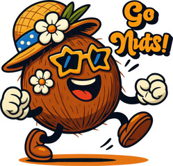 Energetic cartoon coconut in sunglasses and hat with the phrase "Go Nuts!"—perfect for summer t-shirts, party merch, and vacation-themed designs.