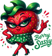 Bold cartoon strawberry in heels and polka-dot dress strikes a pose—perfect for fruity merch, retro fashion prints, or playful summer quote designs.