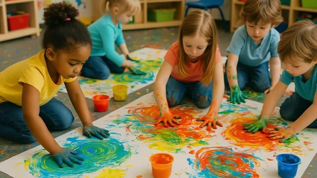 Kindergarten Children Finger Painting Together in a Bright and Creative Classroom

