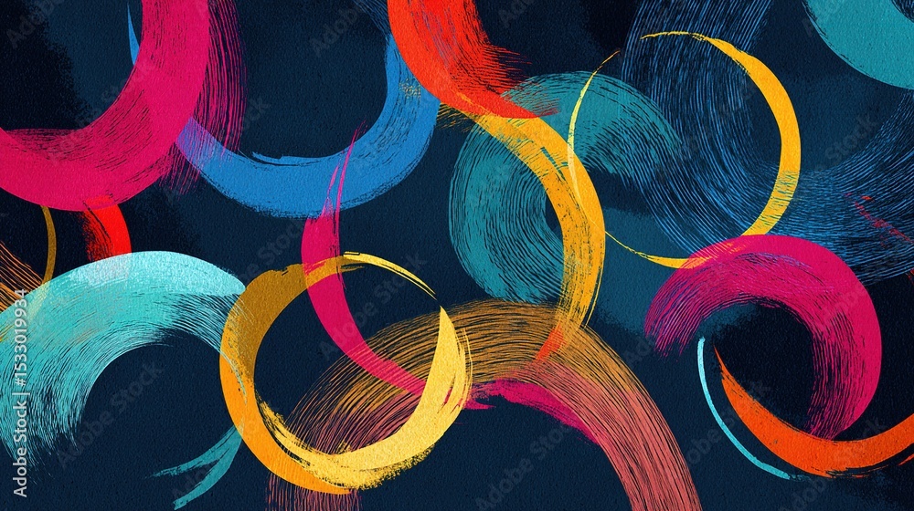 Poster Colorful Overlapping Loops with Circular Strokes on Dark Background