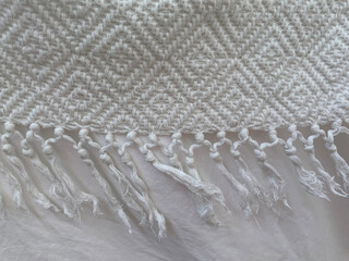 Beautiful white fabric with pattern. Empty textured background for product montage, web design,...