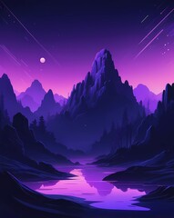Naklejka premium Purple Mountain Valley at Night with Reflections