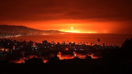 Fiery Sky Over Coastal City and Ocean Landscape at Night