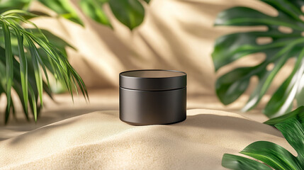 Realistic mockup of a round black matte tin with minimal labeling, set on warm beige sand with rich texture. Clean, modern aesthetic ideal for skincare or cosmetic branding.