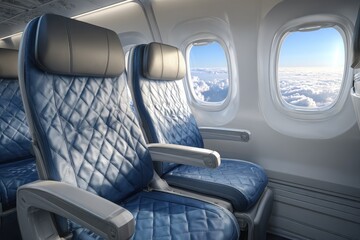 Modern airplane cabin with blue quilted seats and cloud view through oval windows
