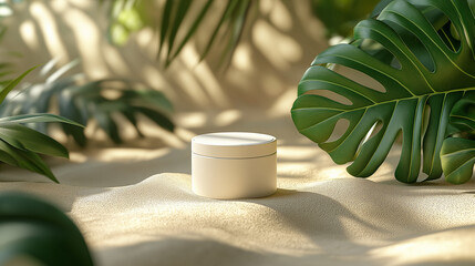 Realistic mockup of a round matte tin with minimal labeling, resting on warm beige sand with detailed texture. Clean, modern look—ideal for skincare or cosmetic product presentation.