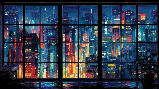 Fototapeta Neon-lit futuristic cityscape seen through large window in vibrant pixel art style
