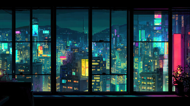 Fototapeta Neon-lit futuristic cityscape seen through large window in vibrant pixel art style