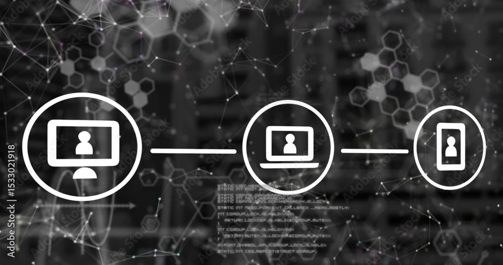 Poster linking white laptop icon in network, with desktop and phone icons lines nodes hex patterns code