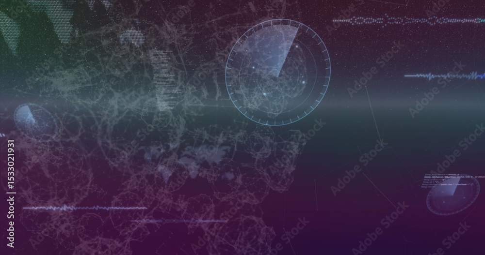Poster displaying circular radar interface over network mesh and data lines in virtual display, copy space