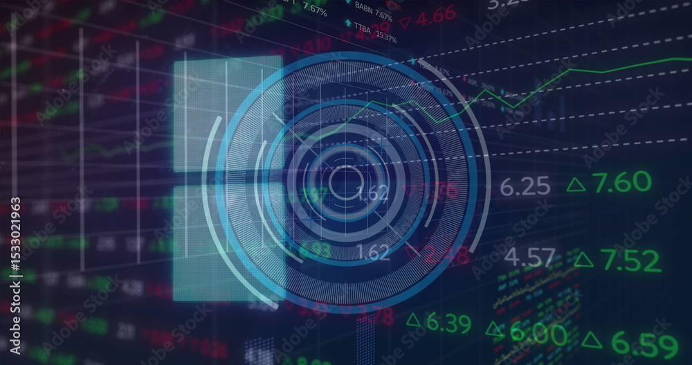 Poster displaying circular data hud overlay on finance screen, with stock ticker symbols and line graph