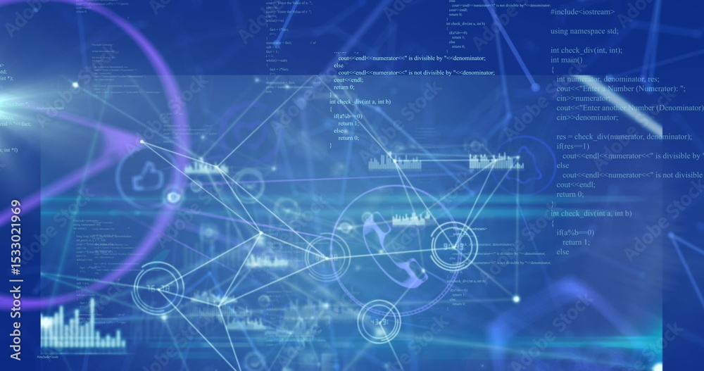 Poster displaying abstract network diagram on blue interface, with code snippets, nodes, and icons