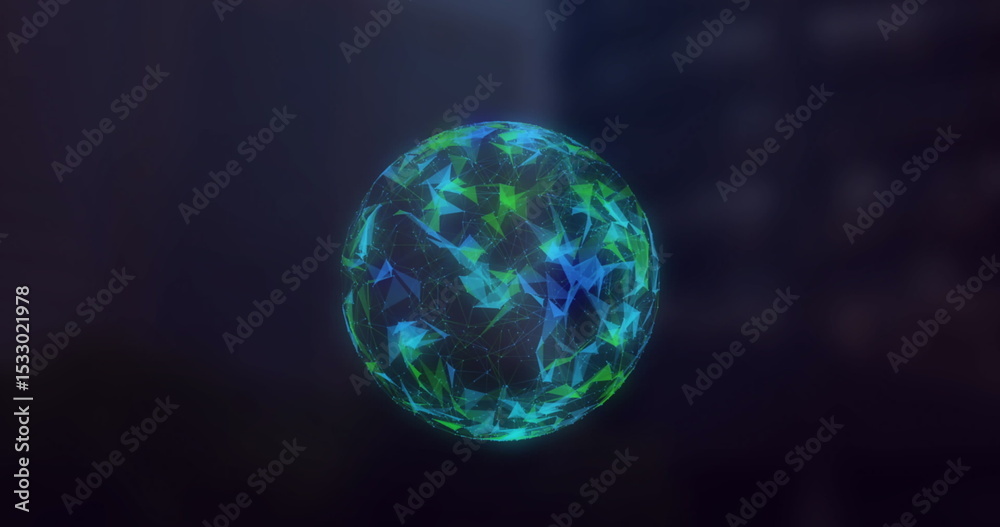Poster Floating digital sphere pulsing in virtual space, with glowing network nodes and connecting lines