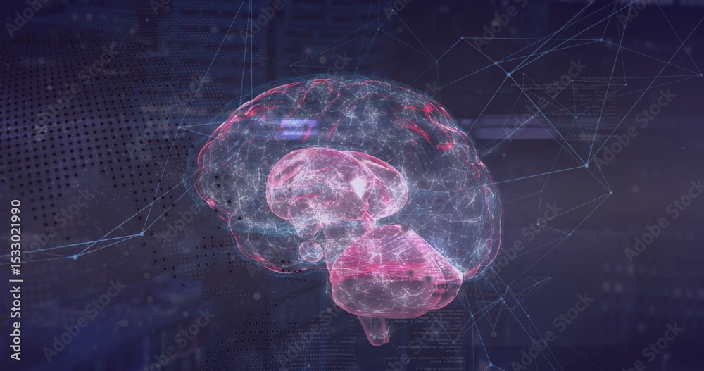 Poster floating holographic brain model showing neural pathways in data interface, with network nodes