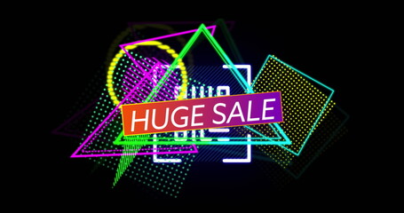 Displaying promotional graphic featuring glowing sale banner on black backdrop, with neon shapes