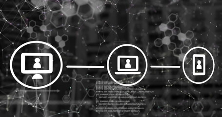Linking white laptop icon in network, with desktop and phone icons lines nodes hex patterns code