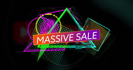 Displaying gradient banner highlighting MASSIVE SALE text in abstract design, with neon shapes