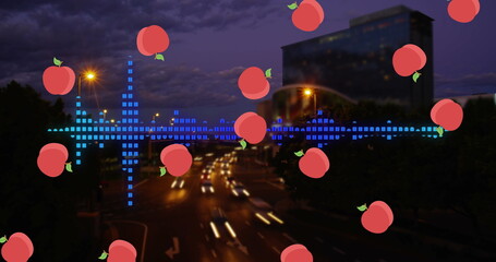 Showing blurred light trails crossing city street at night, with pixel equalizer and peach icons