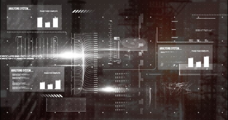 Displaying data panel showing bar charts, code snippets and vertical data flow in virtual dashboard © vectorfusionart