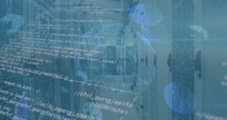 Hovering holographic brain projecting above server racks with LEDs and code streams in data center