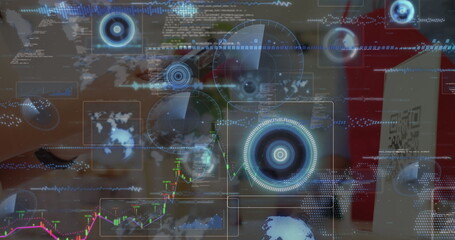 Businessman scanning QR code tent card in coffee shop, with smartphone and holographic interfaces