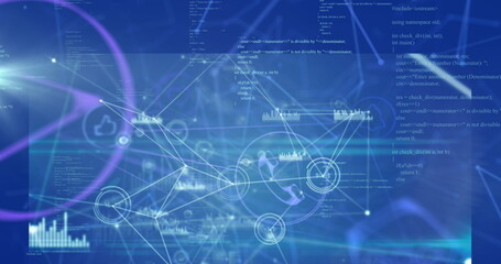 Displaying abstract network diagram on blue interface, with code snippets, nodes, and icons