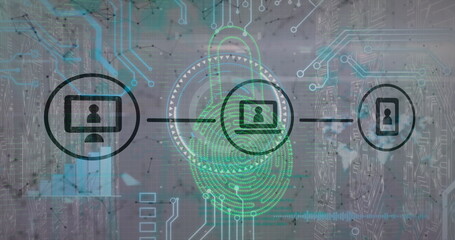 Showing fingerprint with overlaid laptop and lock in network security, with desktop and phone icons