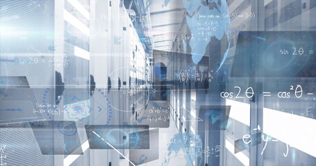 Displaying server racks in data center, with holographic math equations and world map overlay